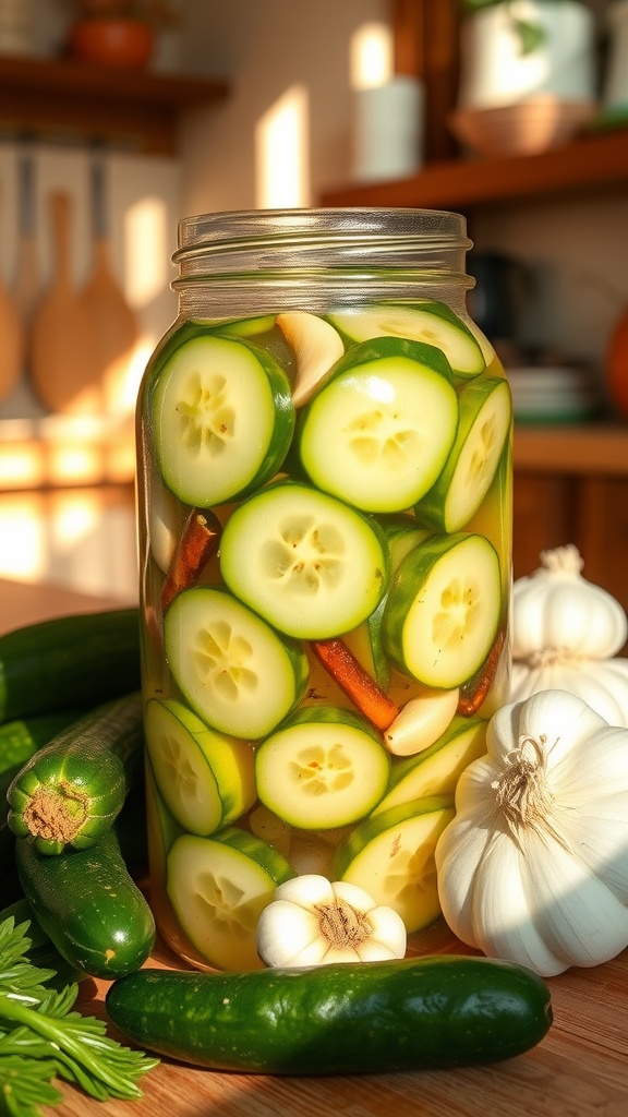A jar of quick garlic pickles with sliced cucumbers and garlic, surrounded by fresh cucumbers on a rustic table.